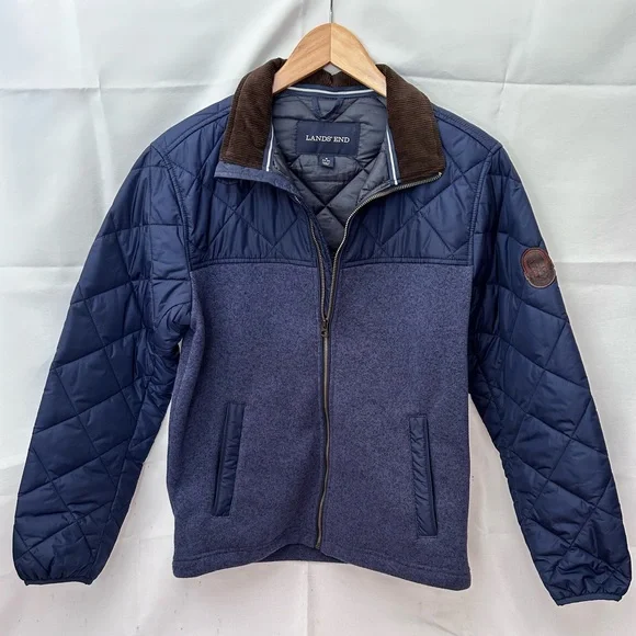 Lands’ End Men’s Jacket Quilted Navy Blue Small Brown Corduroy Collard - Picture 3 of 8